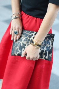 Express Skirt, Midi Skirt, Red Midi Skirt, Parisian Chic. Holiday party, Holiday outfit, red and black, leopard clutch, valentino rockstuds