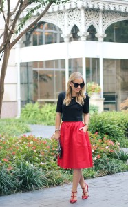 Express Skirt, Midi Skirt, Red Midi Skirt, Parisian Chic. Holiday party, Holiday outfit, red and black, leopard clutch, valentino rockstuds