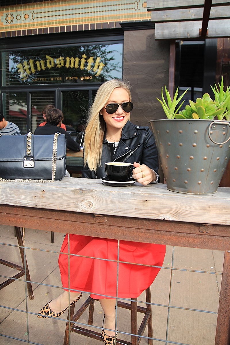 Faux Leather Jacket, Nasty Gal, Red Midi Skirt, Strope Shirt, Holiday Outfit, Holiday Look, Leopard Heels, Ray Bans, Valentino Bag, Dallas Guide, Dallas Coffee