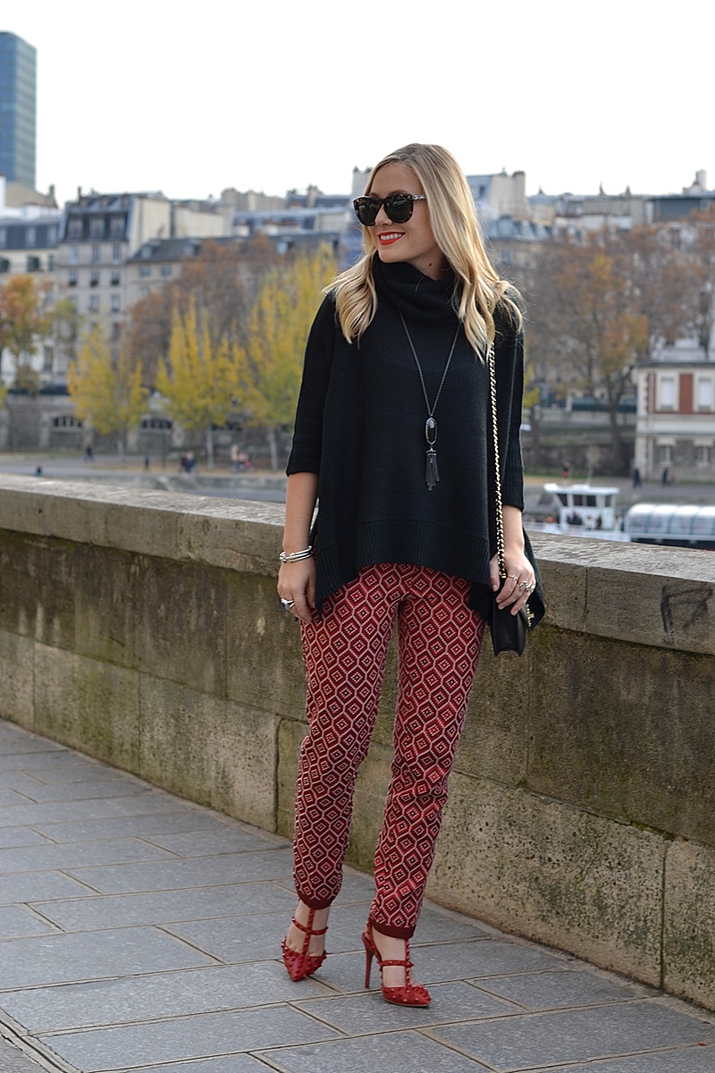 Red and Black outfit, red and black, holiday look, holiday outfit, valentino, tory burch, kendra scott, celine, red pants, red printed pants, black sweater, black turtleneck, oversized turtleneck, paris