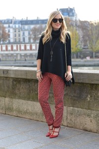 Red and Black outfit, red and black, holiday look, holiday outfit, valentino, tory burch, kendra scott, celine, red pants, red printed pants, black sweater, black turtleneck, oversized turtleneck, paris
