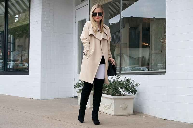 Trench Coat, Chicwish, Basics, Neutrals, Coat, Winter wear, OTK Boots, Over the knee boots, White Jeans, Winter White, Closet staples, Closet basics