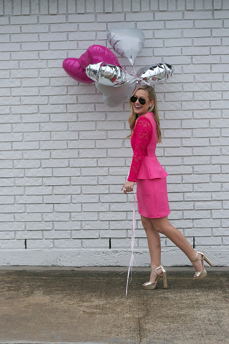 Pink Dress, Valentine's Day, Chicwish, Topshop, Ray Ban, Nordstrom, Pearls, Pearl Ring, Pearl Earrings, Peplum Dress, Hot Pink, Hot Pink Dress, Valentine's Day Dress, Topshop Heels