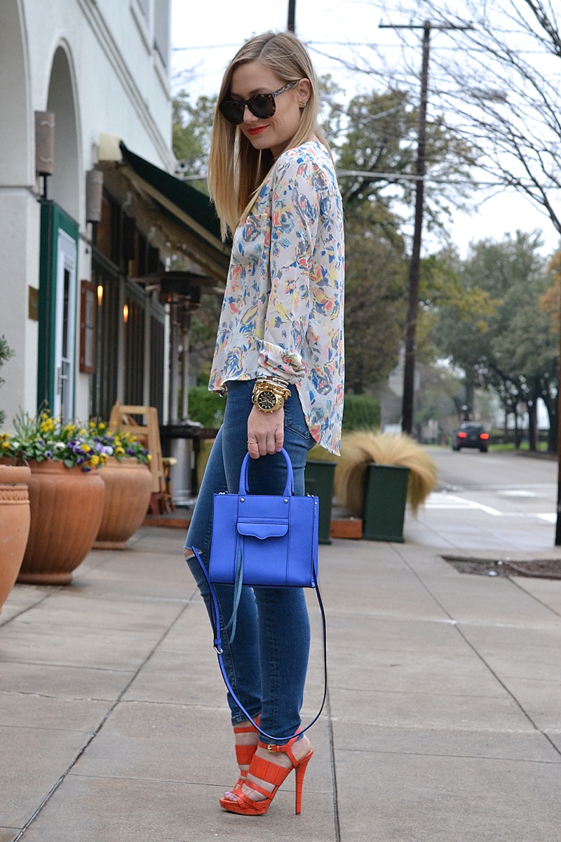 Nordstrom, Nordstrom Topshop, Rebecca Minkoff, Michael Kors, Micahel Kors shoes, Michael Kors watch, Ripped denim, Kendra Scott, floral top, floral blouse, spring, colorful top, nordstrom jeans, casual outfit, casual outfit inspiration