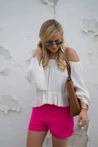 Nordstrom, Topshop, BP, Nordstrom Topshop, Nordstrom BP, Tory Burch, Pink Shorts, Anniversary Sale, Summer shorts, off the shoulder top, tote bag, wedges