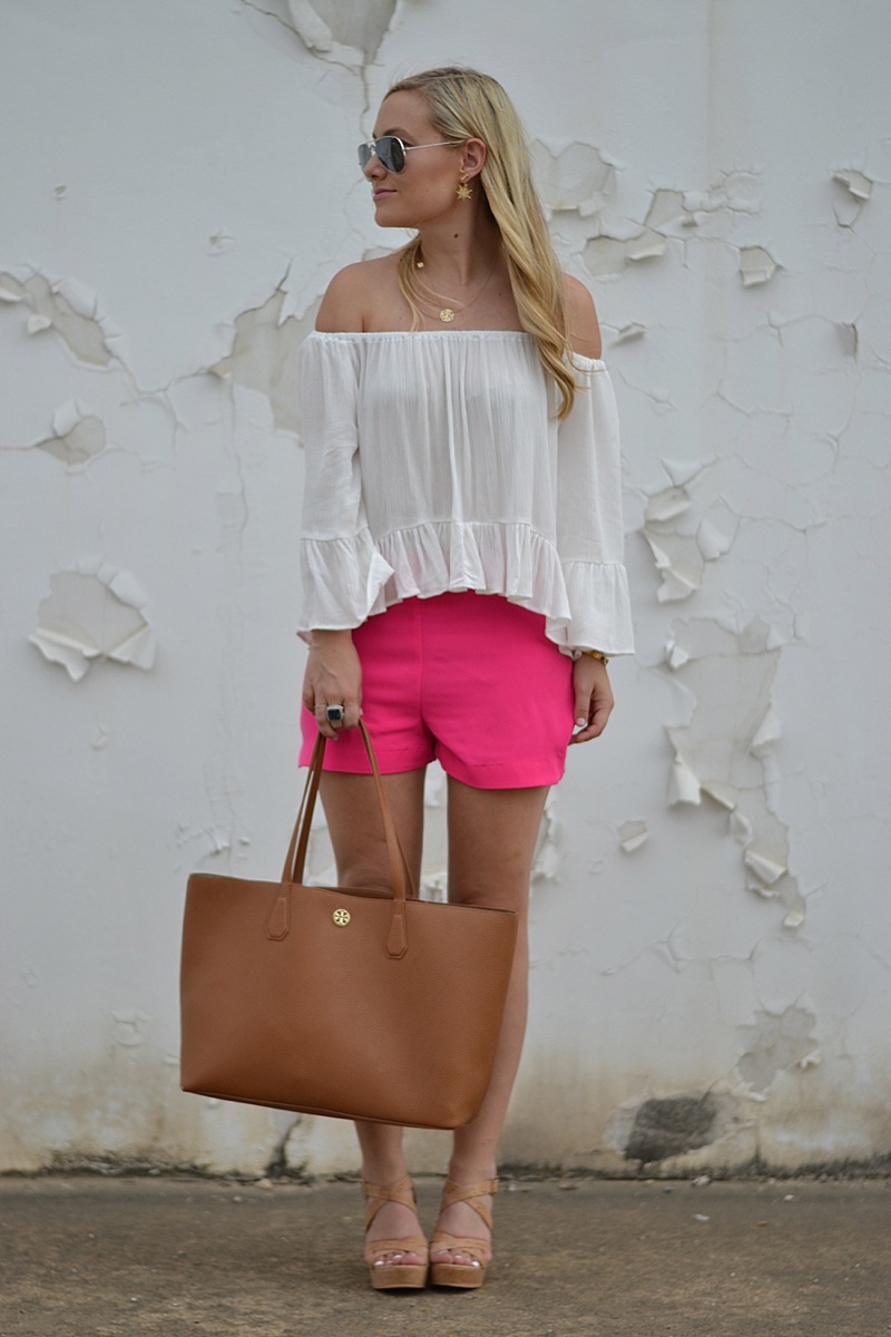 Nordstrom, Topshop, BP, Nordstrom Topshop, Nordstrom BP, Tory Burch, Pink Shorts, Anniversary Sale, Summer shorts, off the shoulder top, tote bag, wedges