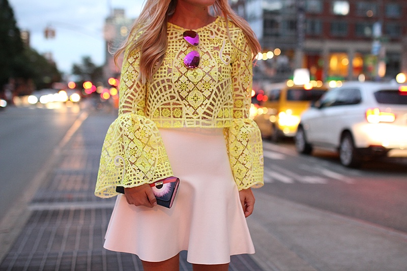 Yellow Lace, Alexis Top, BCBG Skirt, Fendi, Ray Ban Sunglasses, Sophia Webster, NYFW, Street Style, Lace Top, Colorful