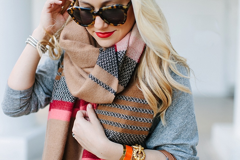 Fall colors, Fall style, scarf, striped scarf, camel booties, cognac booties, sam edelman boots, tory burch, tory burch tote, fall style, fall outfit ideas, grey dress, karen walker sunglasses, nordstrom scarf, red lipstick, hermes
