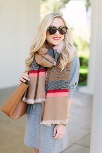 Fall colors, Fall style, scarf, striped scarf, camel booties, cognac booties, sam edelman boots, tory burch, tory burch tote, fall style, fall outfit ideas, grey dress, karen walker sunglasses, nordstrom scarf, red lipstick, hermes
