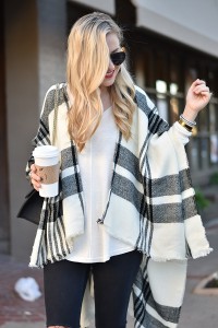 Black and White Poncho, Nordstrom, Nordstrom Poncho, Plaid, Oversized sweater, Black jeans, Valentino, Black Booties