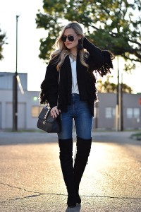 Fringe Sweater, Nordstrom Sweater, Sweater under $100, OTK boots, over the knee boots, stuart weitzman boots, valentino bag, ripped jeans, jeans under $50, white sweater, Tassel earrings, black tassel earrings, ray bans, black ray bans