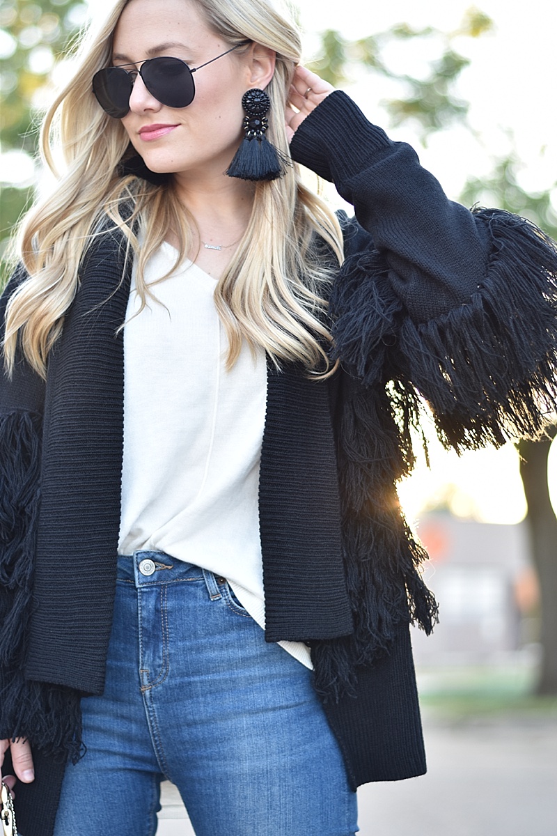Fringe Sweater, Nordstrom Sweater, Sweater under $100, OTK boots, over the knee boots, stuart weitzman boots, valentino bag, ripped jeans, jeans under $50, white sweater, Tassel earrings, black tassel earrings, ray bans, black ray bans