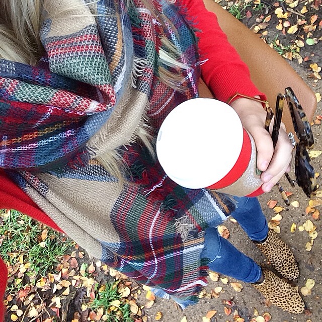Plaid Scarf, Blanket Scarf, Leopard Booties, Tory Burch, Tory Burch Tote, Karen Walker Sunglasses, Starbucks, Red Sweater, Holiday Look, Holiday outfit