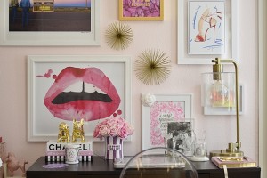 Pink, Desk, Office, Home decor, desk decor, cute desk, flowers, desk lamp, gold spike decor, candles, diptyque, pink books, cute desk, bookends, jonathan adler, roses, lip print, desk diary, desk calendar, girly desk, at home desk