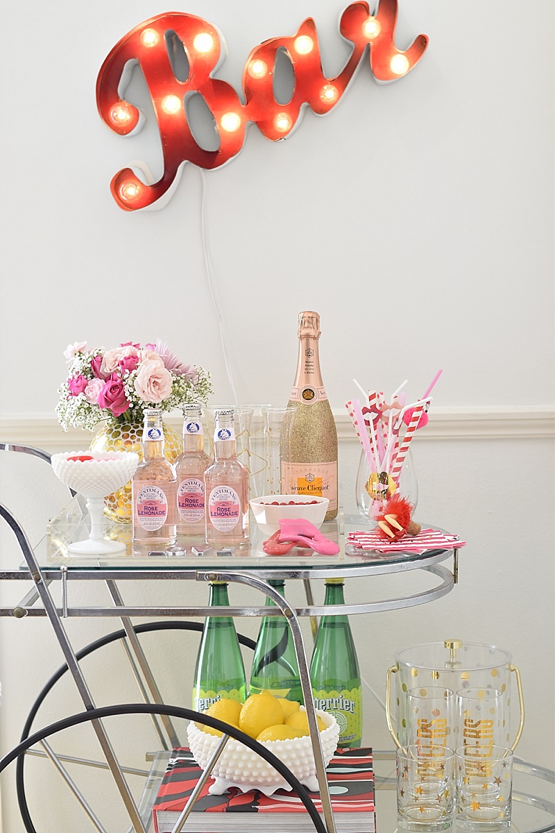 Valentine's Day Decor, Valentine's Day, Valentine's Decor, Pink, Hearts, Valetine's decorations, candy, sugarfina, champagne, crate and barrel, one kings lane, cute decor, girly decor, bar cart, how to decorate your bar cart, bar cart decor, pink decor, interior decor, valentine's day decor, vday decorations, pink decor, cute bar cart, decorating your bar cart 