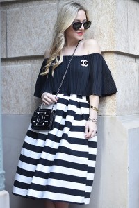Black and White Striped Skirt, striped dress, off the shoulder top, asos, chanel bag, chanel brooch, valentino rock studs, valentino shoes, striped skirt, striped dress