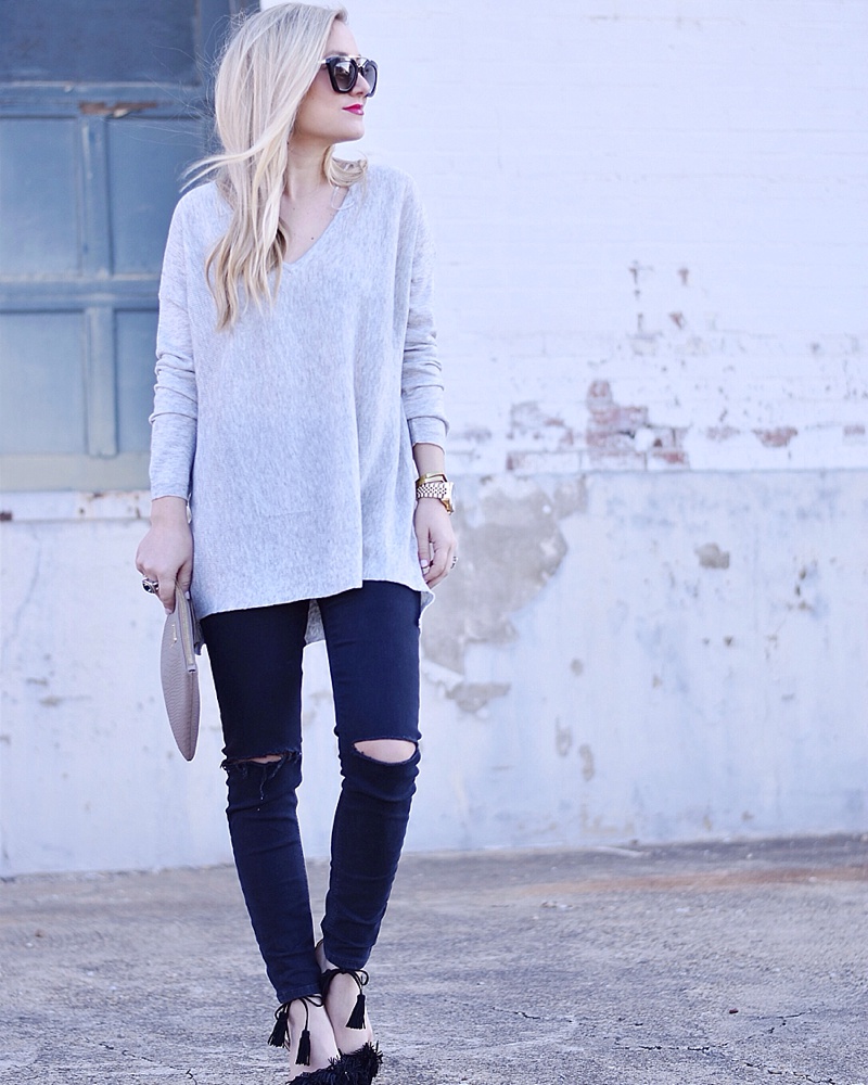 Grey Sweater and Ripped Denim