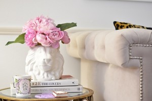 Leopard Pillows, Coffee Table Books, Coffee Table, Mirrored Coffee Table, Peonies, Gold Vase, Candles, LAFCO Candle, Side Table, Lulu & Georgia, Diptyque Candle, pink flowers, side table decor