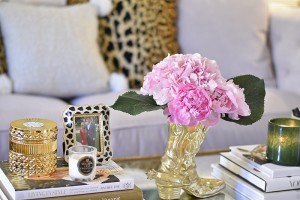 Leopard Pillows, Coffee Table Books, Coffee Table, Mirrored Coffee Table, Peonies, Gold Vase, Candles, LAFCO Candle