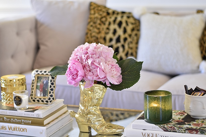 Leopard Pillows, Coffee Table Books, Coffee Table, Mirrored Coffee Table, Peonies, Gold Vase, Candles, LAFCO Candle