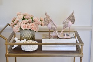 Living Room Decor, Shoes as decor, magazines, spray roses, pink roses, Pink heels, Sophia Webster Heels, Angel Wing Heels