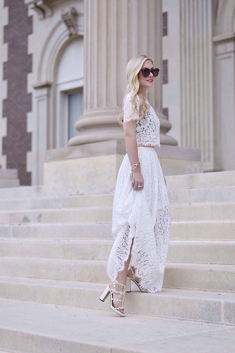 White Lace Matching Set, Lace Crop Top, Lace Maxi Skirt, Nordstrom, Nordstrom White Lace, Valentino Sandals, Valentino Rockstuds, Kendra Scott, Kendra Scott Summer Collection, Kendra Scott Earrings, Bridal Outfit