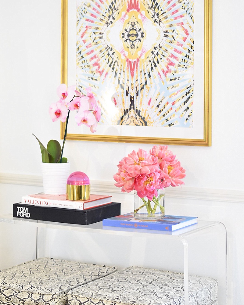 Home decor, home decorating, peonies, art, acrylic table, tom ford book, valentino book