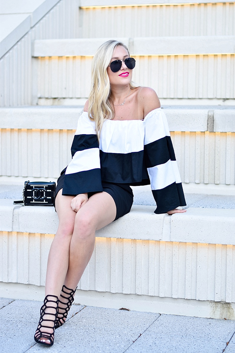  Striped off the shoulder top, Stripes, off the shoulder, nordstrom top, nordstrom, kendall and kylie at Nordstrom, Striped top, Nordstrom Striped top, chanel, steve madden, ray ban sunglasses, summer fashion, summer style, off the shoulder tops