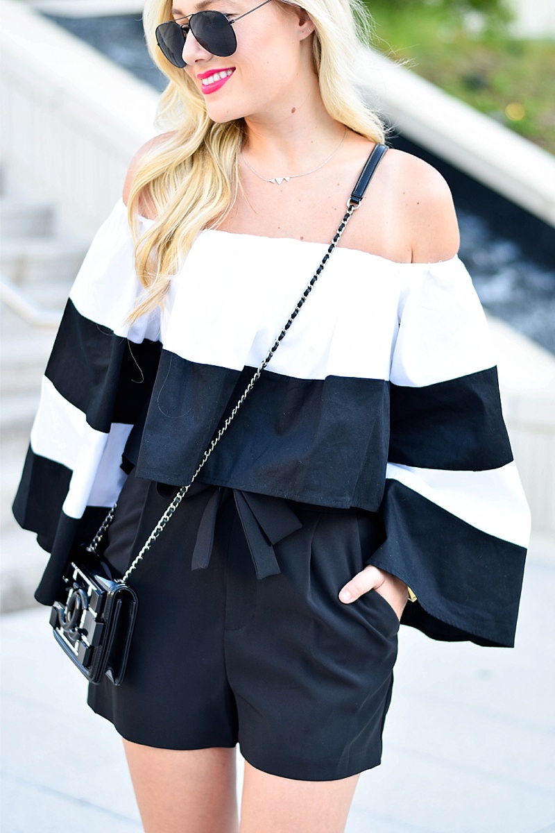  Striped off the shoulder top, Stripes, off the shoulder, nordstrom top, nordstrom, kendall and kylie at Nordstrom, Striped top, Nordstrom Striped top, chanel, steve madden, ray ban sunglasses, summer fashion, summer style, off the shoulder tops