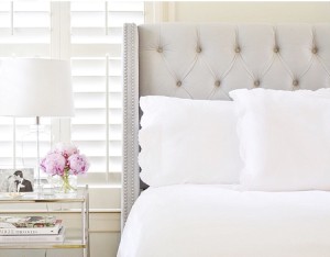 One Kings Lane, Bed, Headboard, White Bedding, Tufted Headboard, OKL Style, One Kings Lane Bed and Headboard, Nightstand, West Elm, Home Decor, Bedside Table, Home Decor