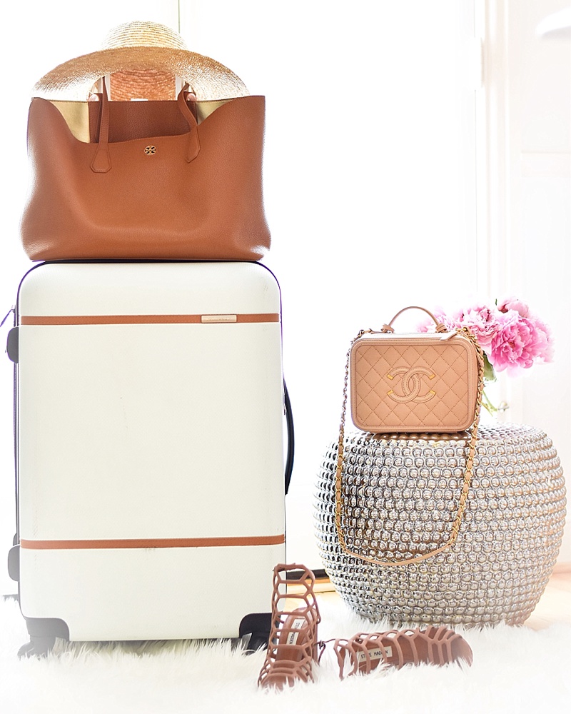 White and Tan luggage, tory burch tote, chanel bag, steve madden sandals, white luggage, peonies, travel 