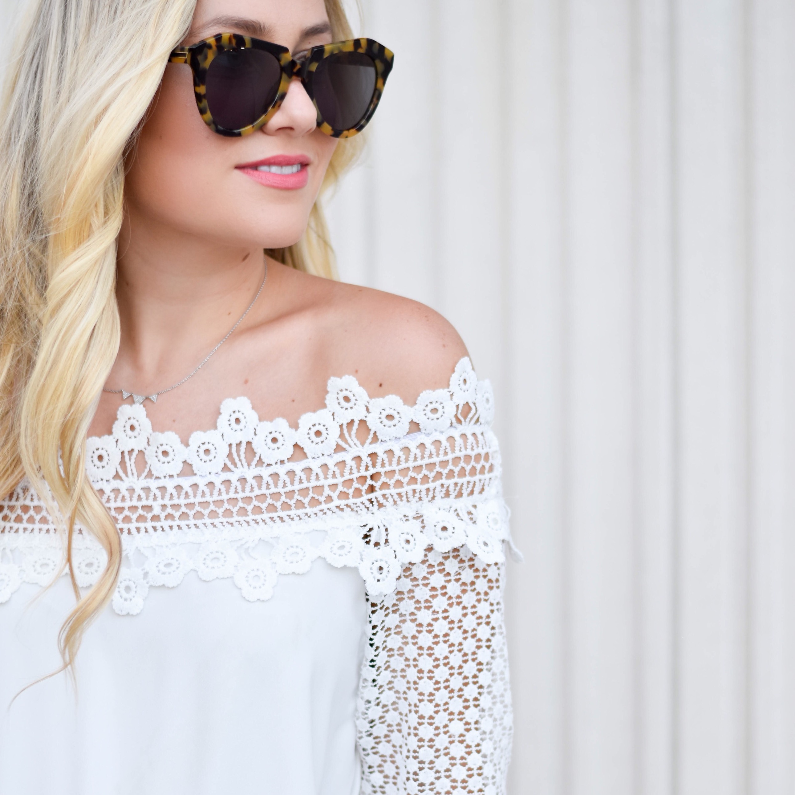 With Top, White lace top, off the shoulder top, Lace off the shoulder top, Karen Walker Sunglasses, Nordstrom Karen Walker, Colour Pop Cosmetics