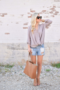 Denim Shorts, Lush Top, Wrap front top, Nordstrom Blouse, Tory Burch Tote, Steve Madden Mules, Steve Madden Heels, Nordstrom Shorts, Nordstrom Top, Nordstrom Tory Burch
