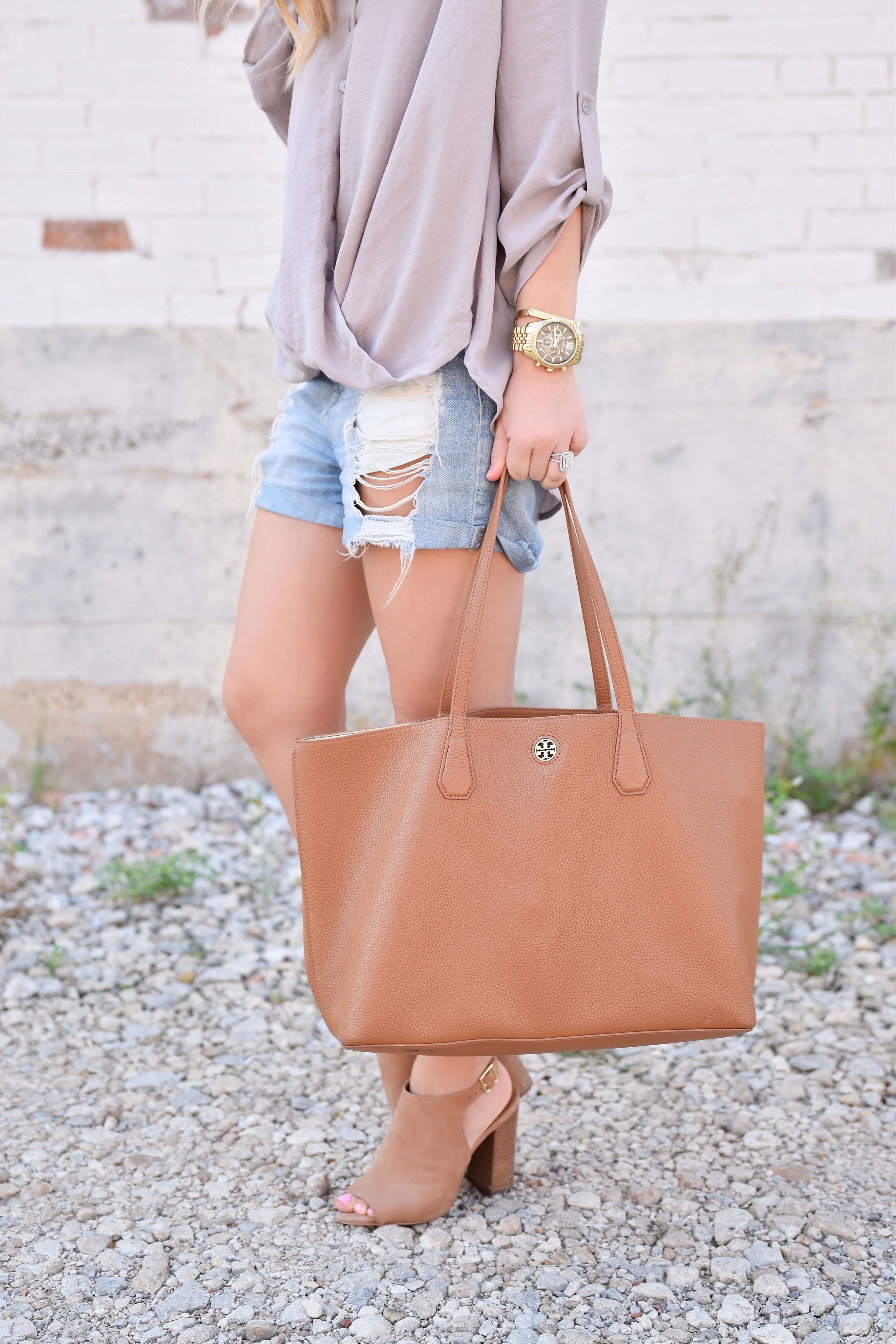 Denim Shorts, Lush Top, Wrap front top, Nordstrom Blouse, Tory Burch Tote, Steve Madden Mules, Steve Madden Heels, Nordstrom Shorts, Nordstrom Top, Nordstrom Tory Burch