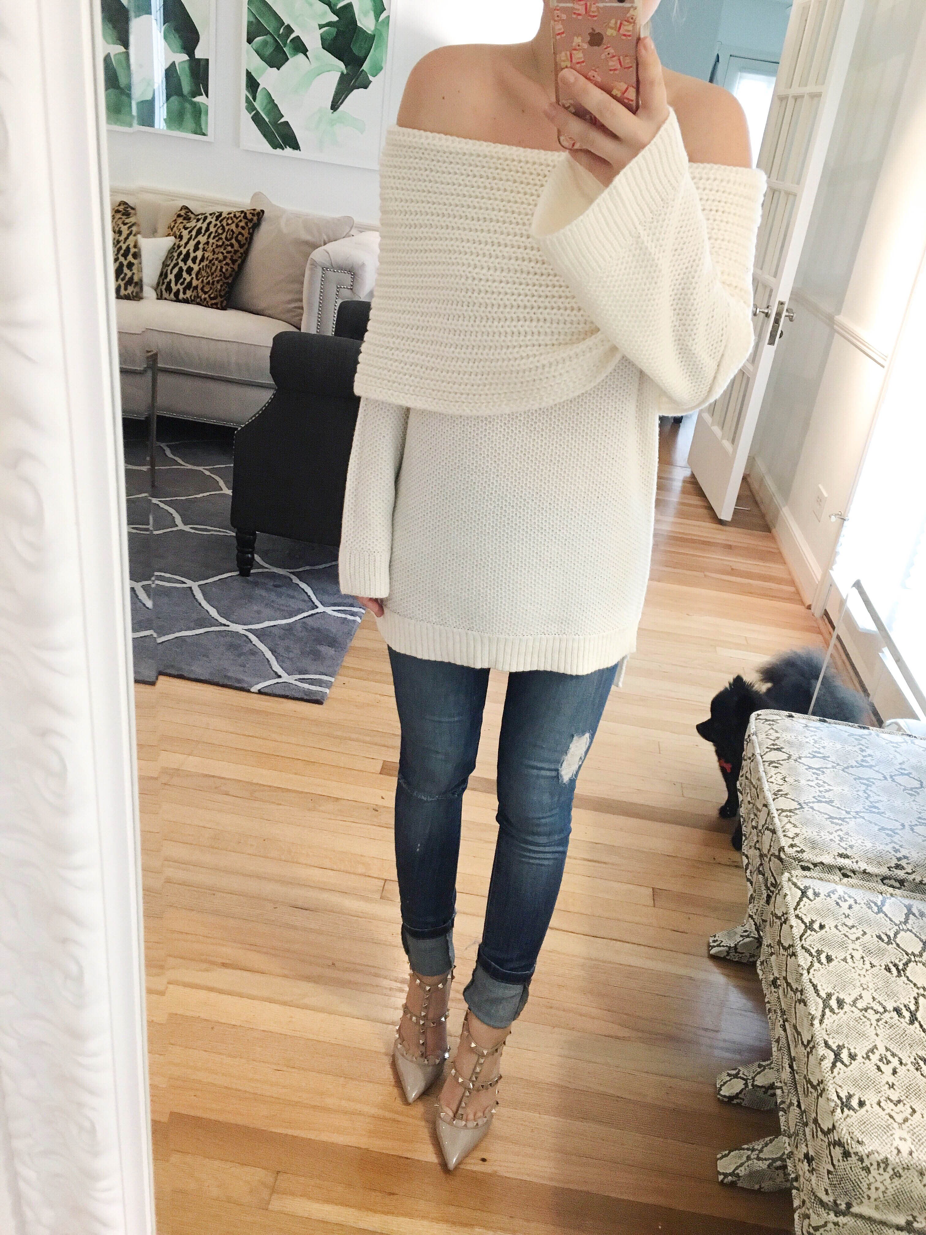 off-the-shoulder-sweater, nordstrom-sweater, nordstrom-jeans, under-$100-sweater, nordstrom-sweater, valentino-rockstuds, nude-valentino-rockstuds, jeans-under-$100, nordstrom-valentino-shoes