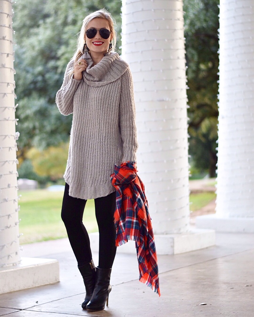 Cowl-Neck-Sweater-Dress, Black Leggings