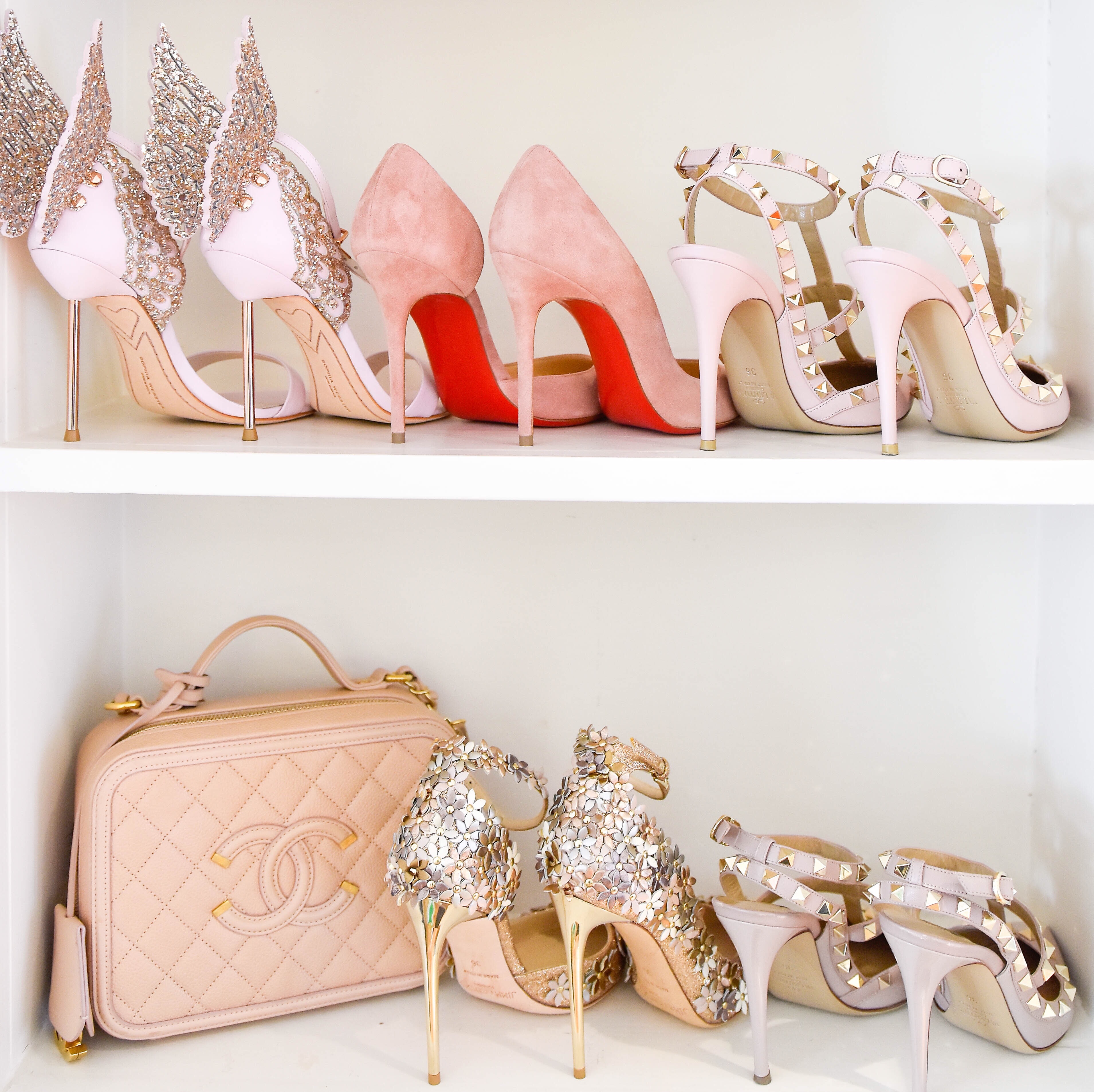 chanel-bag, sophia-webster-heels, valentino-rockstuds, pink-valentino-rockstuds, louboutins, pink-louboutins, jimmy-choo-heels, valentino-heels, valentino-rockstuds