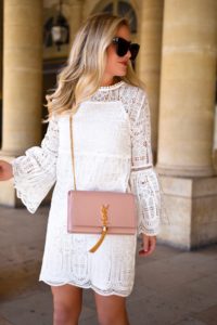 White-Lace-Dress, Bell-Sleeve-Dress, YSL-Handbag, Saint-Laurent-Handbag, Tassel-Bag, Chicwish-Dress