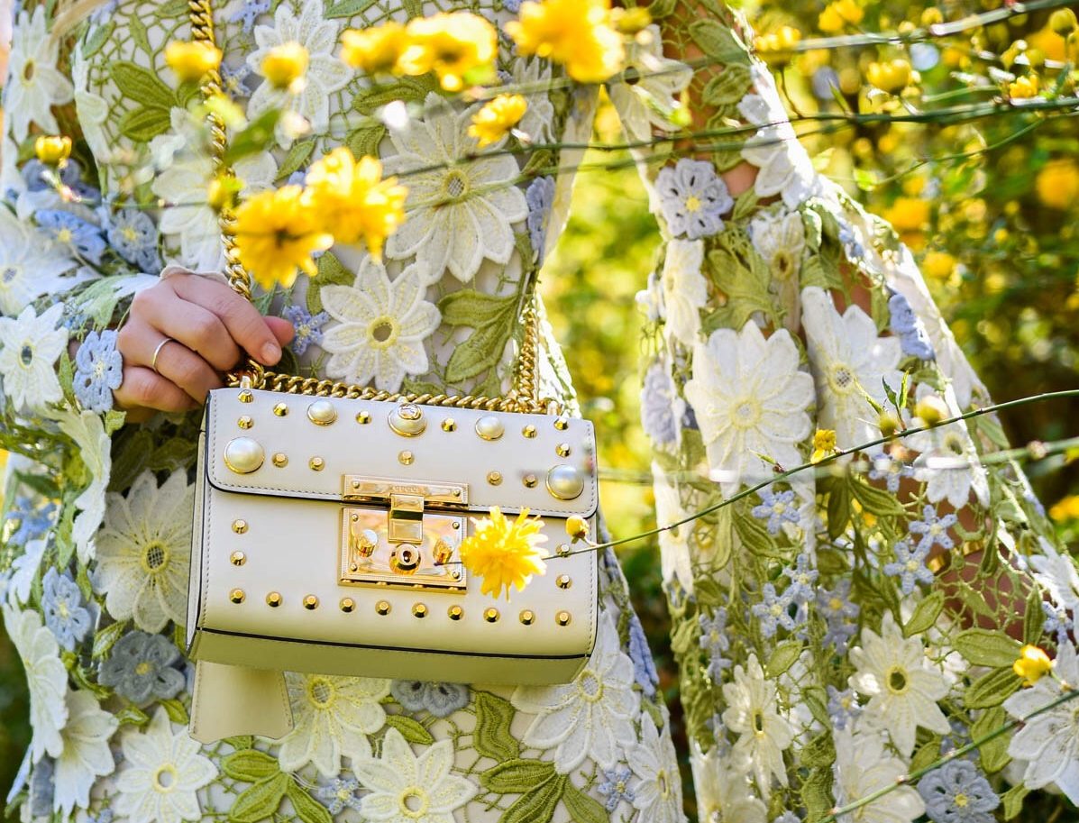 Floral-dress, spring-dress, gucci-handbag, neiman-marcus-handbag