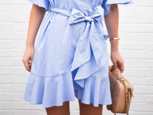 Blue-wrap-dress, nordstrom-topshop-dress, chanel-handbag, white-heeled-sandals, stuart-weitzman-pearl-sandals, chanel-vanity-case