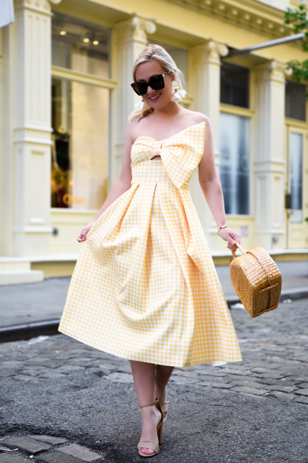 Yellow-Gingham-Dress, Yellow-Bow-Dress, basket-bag, nicola-bathie-earrings