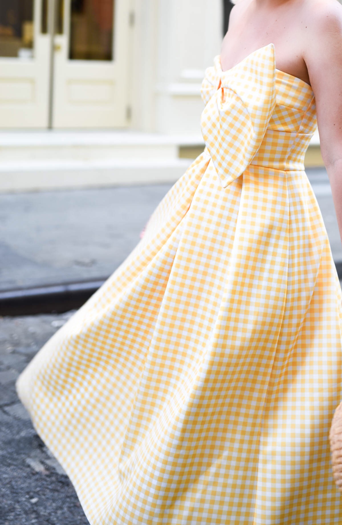 Yellow-Gingham-Dress, Yellow-Bow-Dress, basket-bag, nicola-bathie-earrings