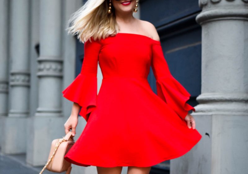 Red off the shoulder dress, red ruffle dress, red dress under $100, chanel handbag, alexandre birman shoes, lomurphy, dallas blogger, travel blogger, street style, date night dress
