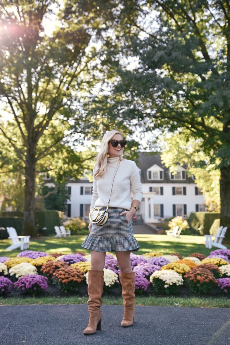 Plaid skirt, J. Crew Skirt, Nordstrom Skirt, white seater, over the knee boots, camel boots, vermont, fall outfit, fall style
