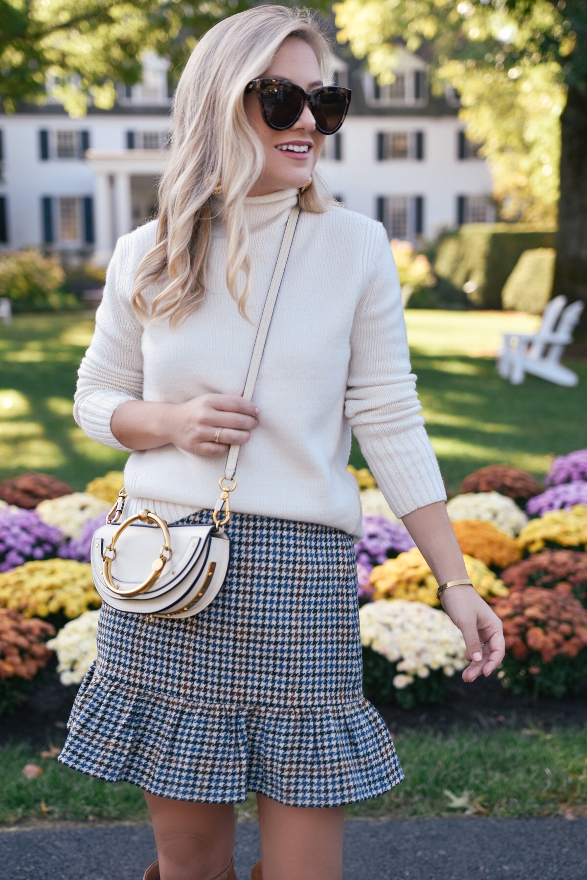 Plaid skirt, J. Crew Skirt, Nordstrom Skirt, white seater, over the knee boots, camel boots, vermont, fall outfit, fall style