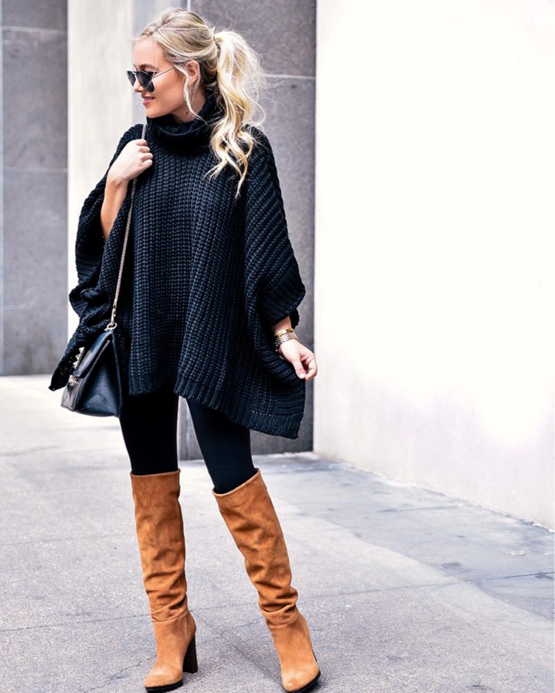 Black sweater, black poncho, nordstrom sweater, styling a sweater, fall outfit inspiration, camel boots, sweaters under $100