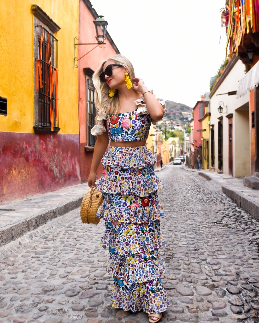 All Things Mochi, Matching Set, Colorful Dress, Mexico, Travel Blogger, Oscar de la Renta Earrings, Le Specs Sunglasses, Printed Dress, Travel Blogger, fashion blogger, Lo Murphy, San Miguel de Allende, All Things Mochi Petra tiered printed cotton-voile maxi skirt, All things Mochi Agotha cropped crochet-trimmed printed cotton top