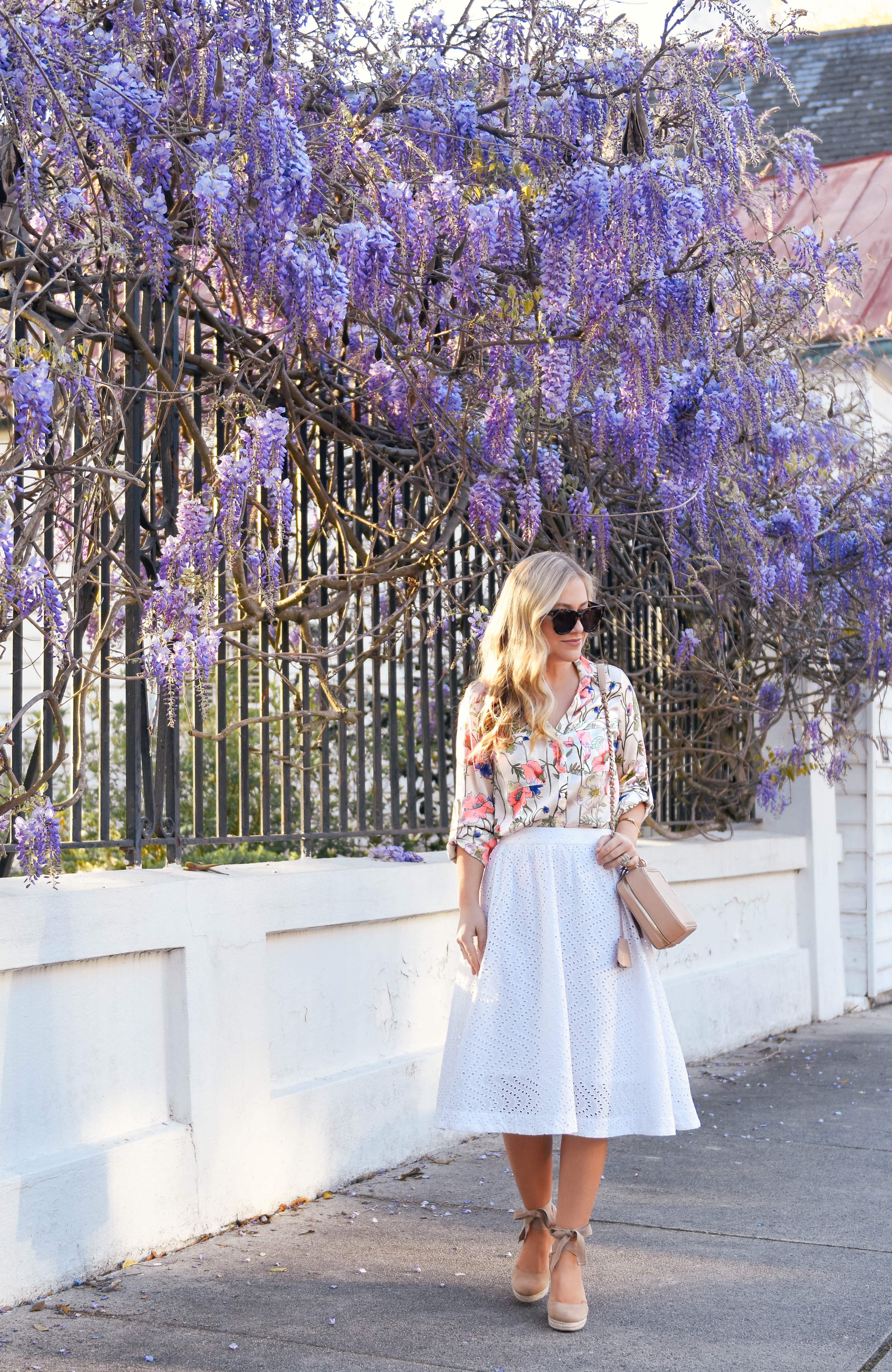 Express, Work wear, cute office outfit, colorful, floral blouse, white midi skirt, express skirt, wedges under $100, workwear wardrobe, express next, express discount code, lomurphy, Charleston, travel blogger