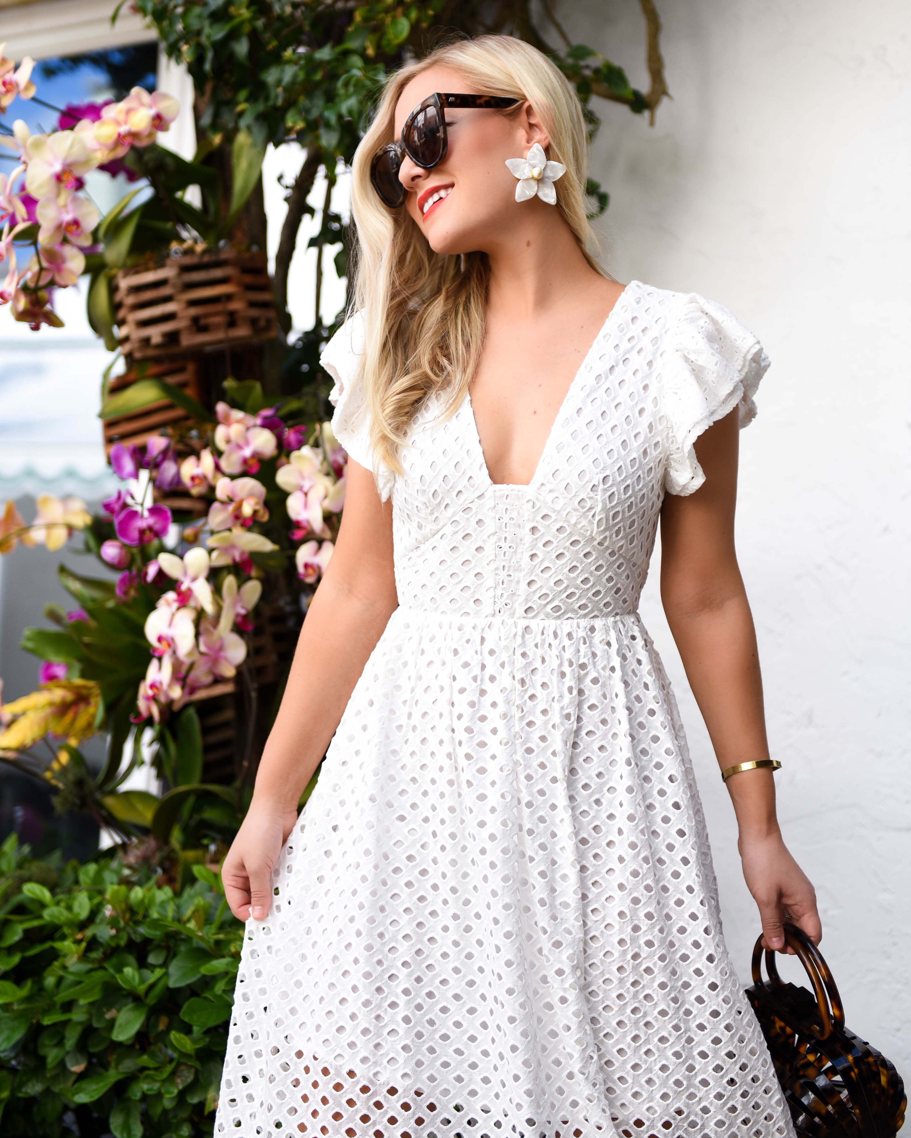 Endless Rose, Eyelet Fit-and-Flare Midi Dress, Bloomingdales, Cult Gaia Bag, BaubleBar Flower Earrings, Schutz Shoes, White Dress under $100, White bridal dresses, Palm Beach, Travel Blogger, Lo Murphy, Bloomindales Dresses
