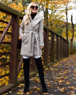 Ann-Taylor-Wrap-Coat-Ann-Taylor-Sale-Blonde-Woman-wearing-grey-wrap-coat-Lo-Murphy-Neutral-fall-outfit